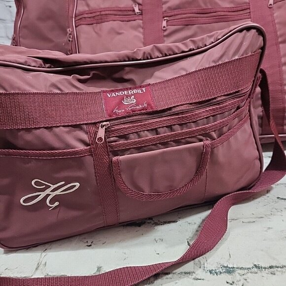 Vintage Gloria Vanderbilt 3pc Luggage Set Maroon Nylon Bags "H" Monogrammed - Picture 3 of 16